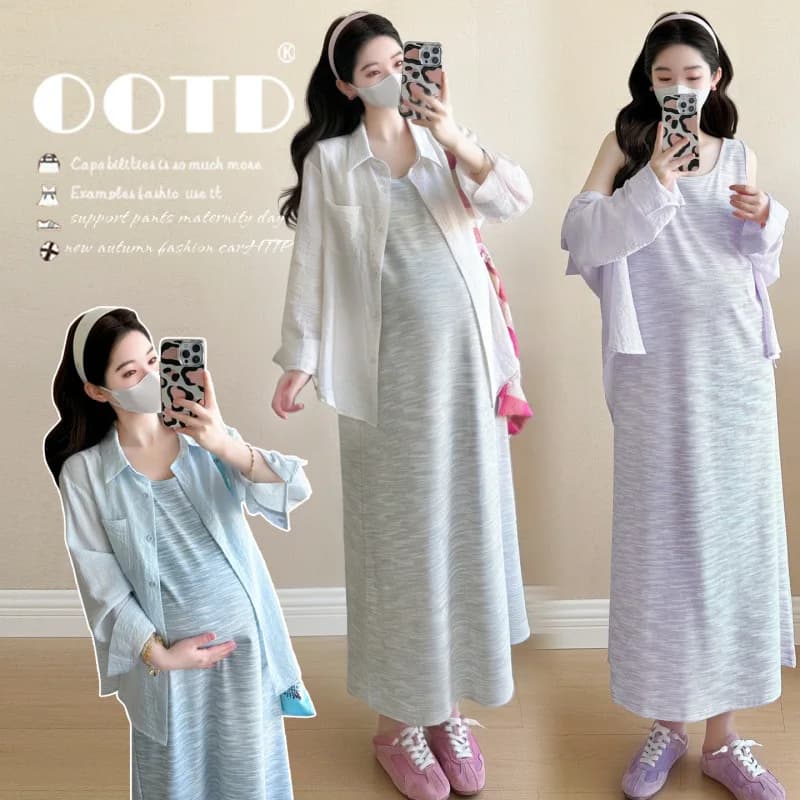 Maternity Suit Summer 2026 Minimalist Versatile Striped Sleeveless Dress and Long Sleeve Shirt for Pregnant Women Daily Wear