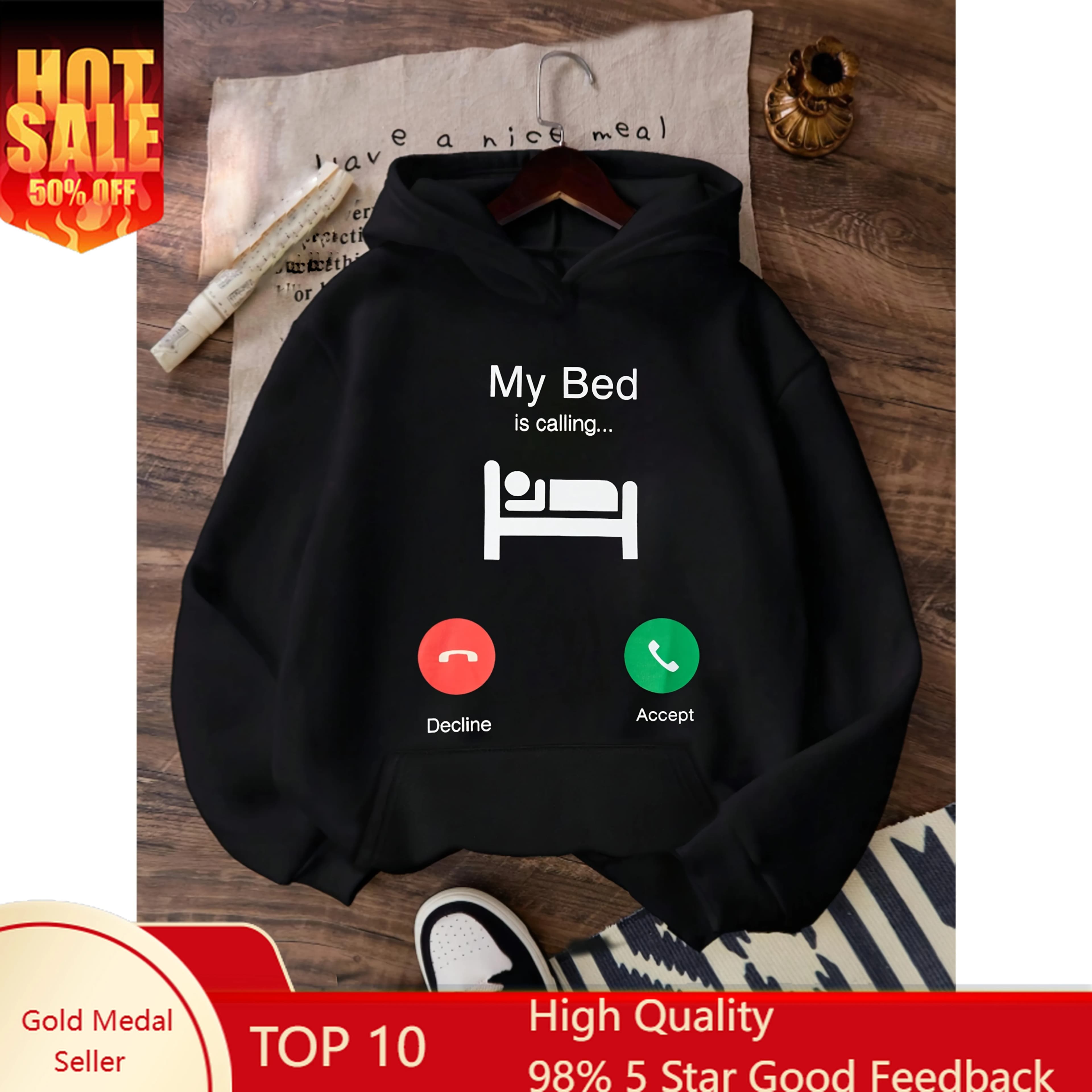 Felpa con cappuccio casual da donna in morbido poliestere, a maniche lunghe, con grafica 'My Bed is Calling', tasca a marsupio, cappuccio con coulisse, comfort