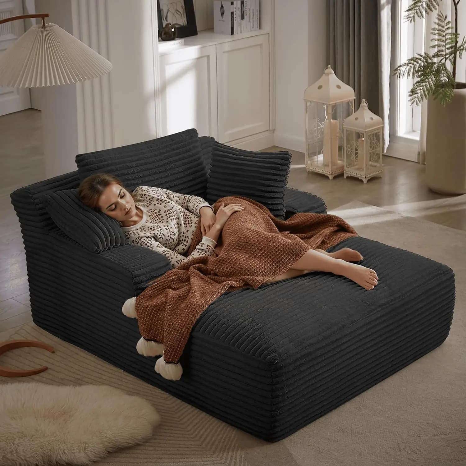 Bestseller: Chaise Longue Oversize 53.5” Width Interior Sofa, Frameless Sofa with 4 Cushions, Welcoming Reading Armchair with Large Arms, Without Back Seat