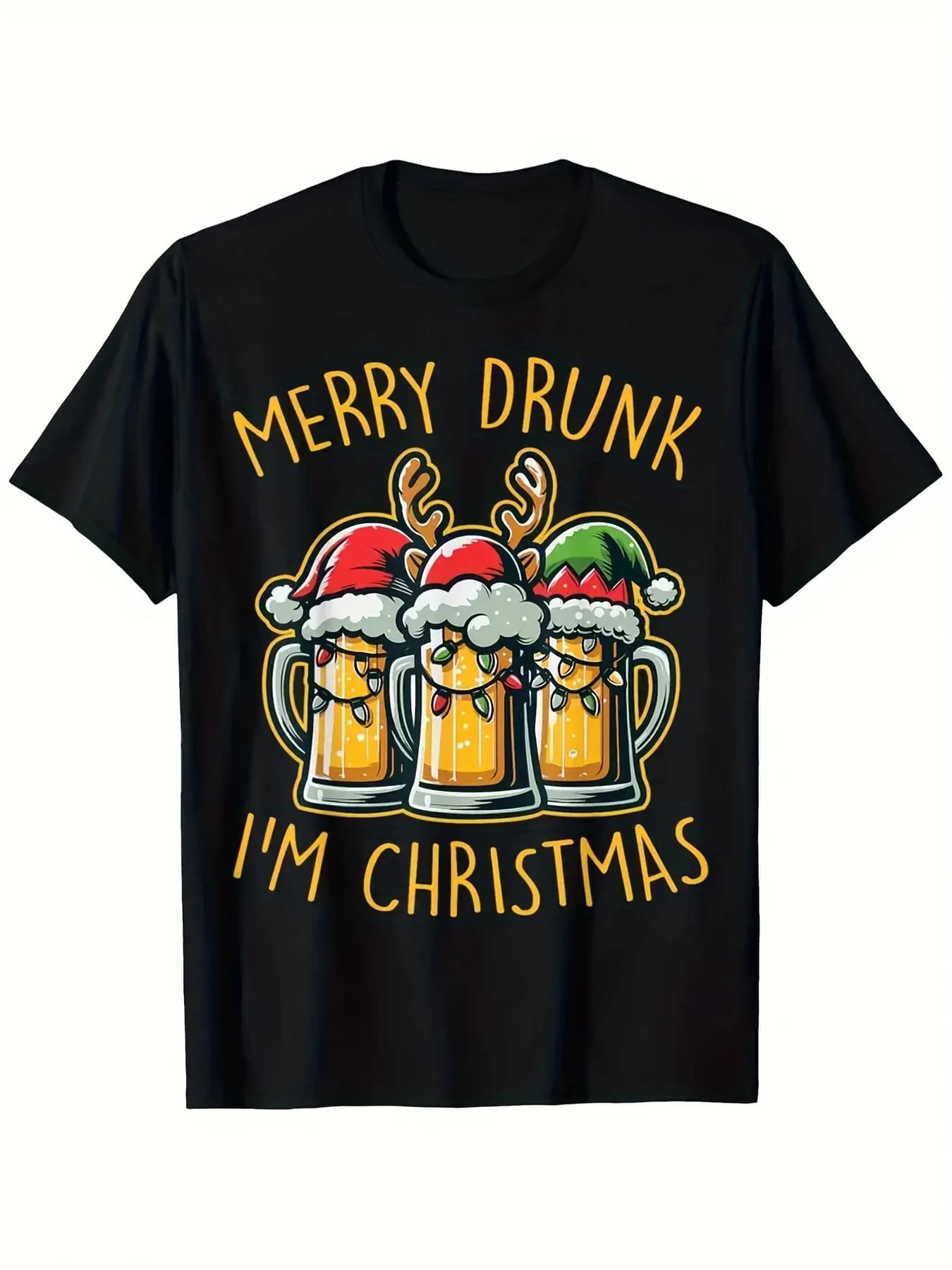 Divertente maglietta natalizia a tema birra - Camicia da festa di Natale ubriaca con design a tazza di birra - Nera
