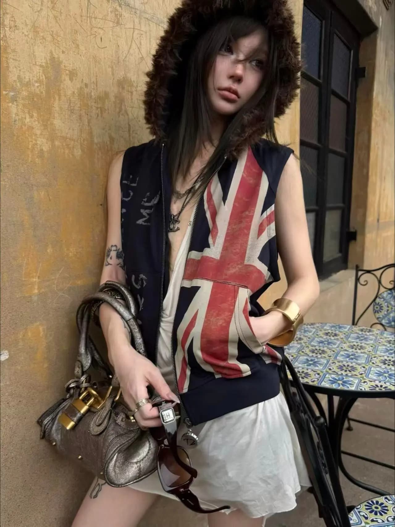 American Retro Rice Flag Fur Collar Hooded Jackets Vest Women's Sleeveless Vest Y2K Hot Girl Couple Cardigan Jacket