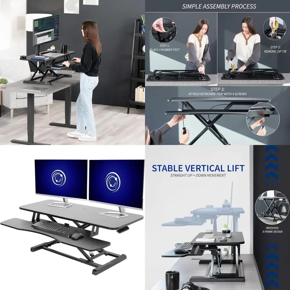 Supporto per monitor doppio regolabile in altezza con ampio ripiano per tastiera, nero, 42 pollici