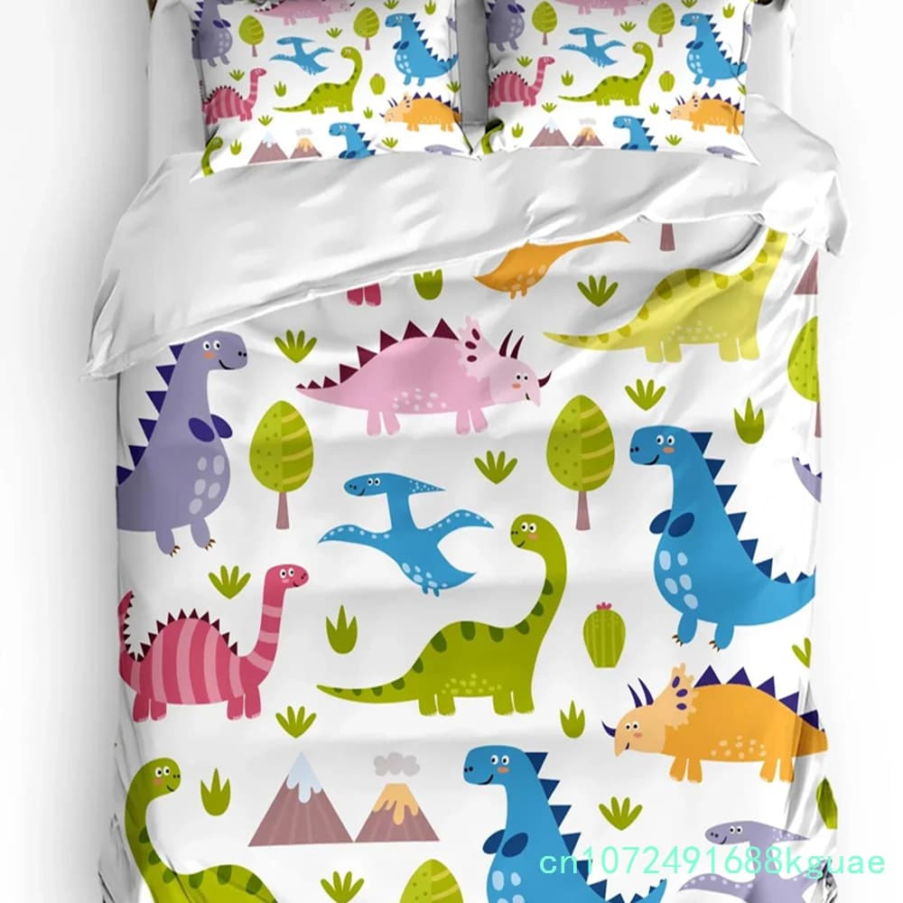 Kawaii Dinosaur Cartoon White Bedding Set 3pcs Duvet Cover Pillowcase Kids Adult Quilt Cover Double Bed Set Home Textile