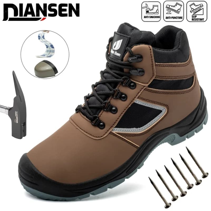 Men's Brown Work Shoes, Steel Toe Safety Shoes, Puncture Resistant Work Boots, Fashionable And Indestructible Work Safety Shoes