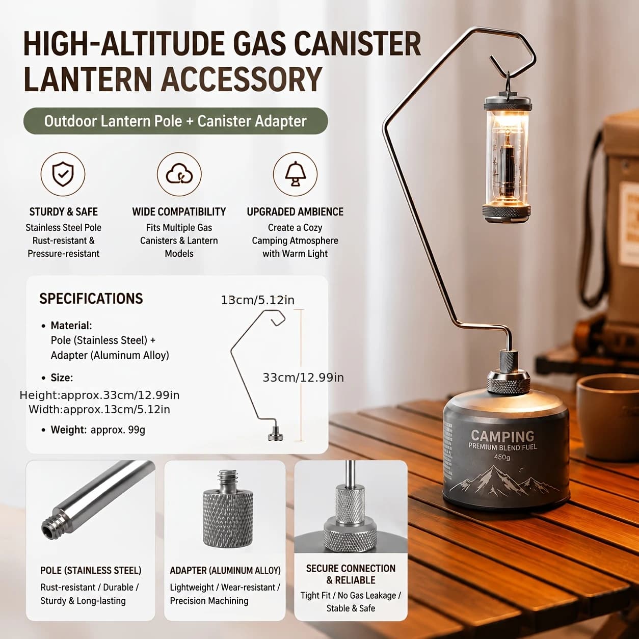 Aluminum Alloy Gas Canister to Lamp Holder Accessory Set, Stainless Steel Camping Lamp Pole + Adapter, Lightweight Design, Compatible with Most High-Altitude Gas Canisters, Multiple Uses
