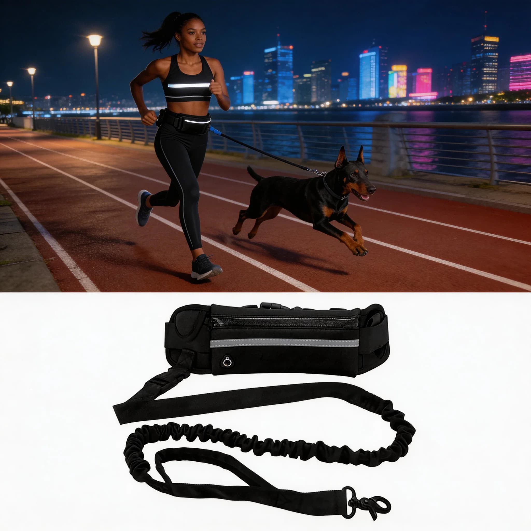Guinzaglio per Cani Regular and Comfortable, Free Hands, Reflective with Marsupio, Retractable and Elastic for Race and HD Stroller