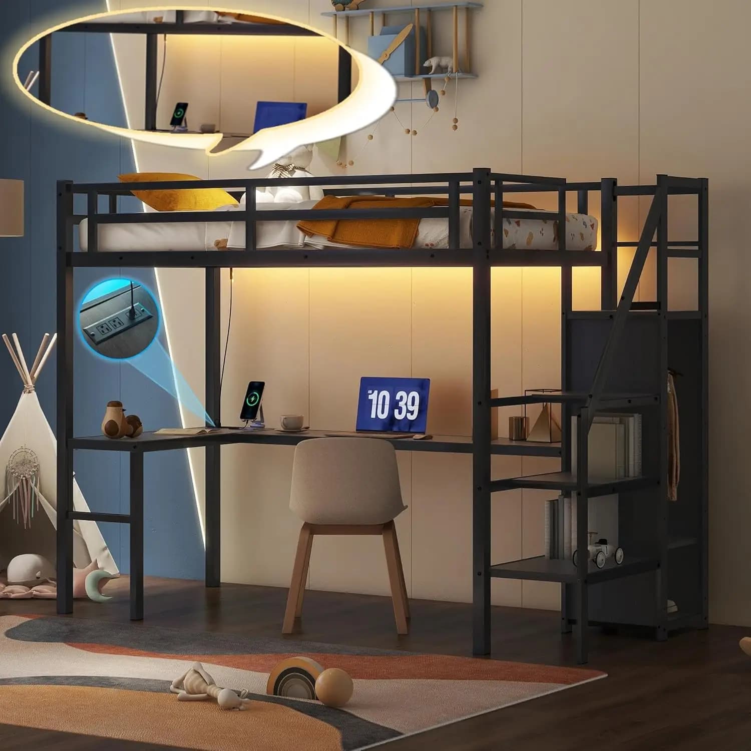 Letto a soppalco per gaming Twin XL con scrivania a L, LED e stazione di ricarica, letto a soppalco in metallo con armadio, personalizzabile