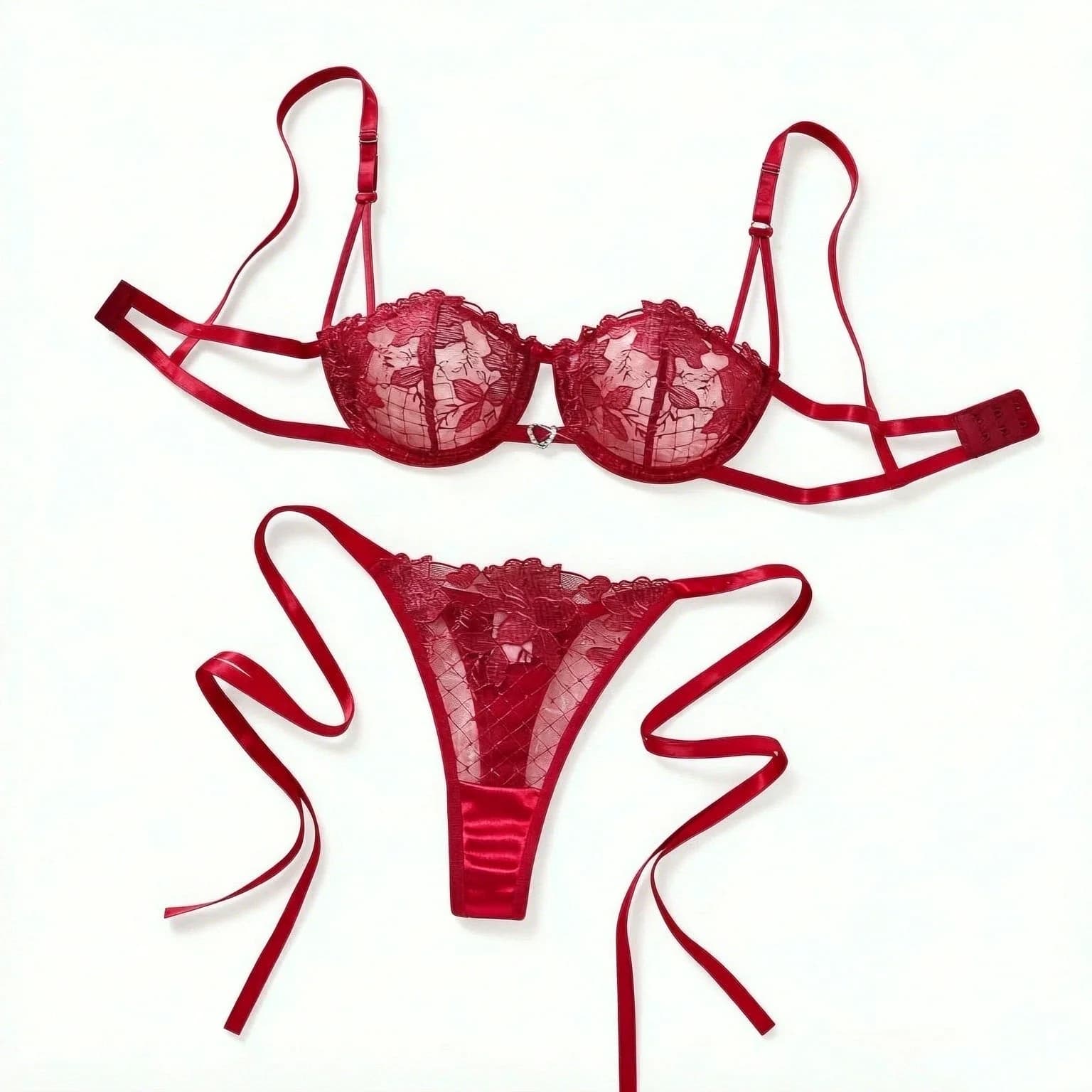 Women Red Floral Lace Lingerie Set Push‑Up Bra & Tie‑Side Thong Mesh Satin Intimate Underwear Romantic Nightwear ZA825200