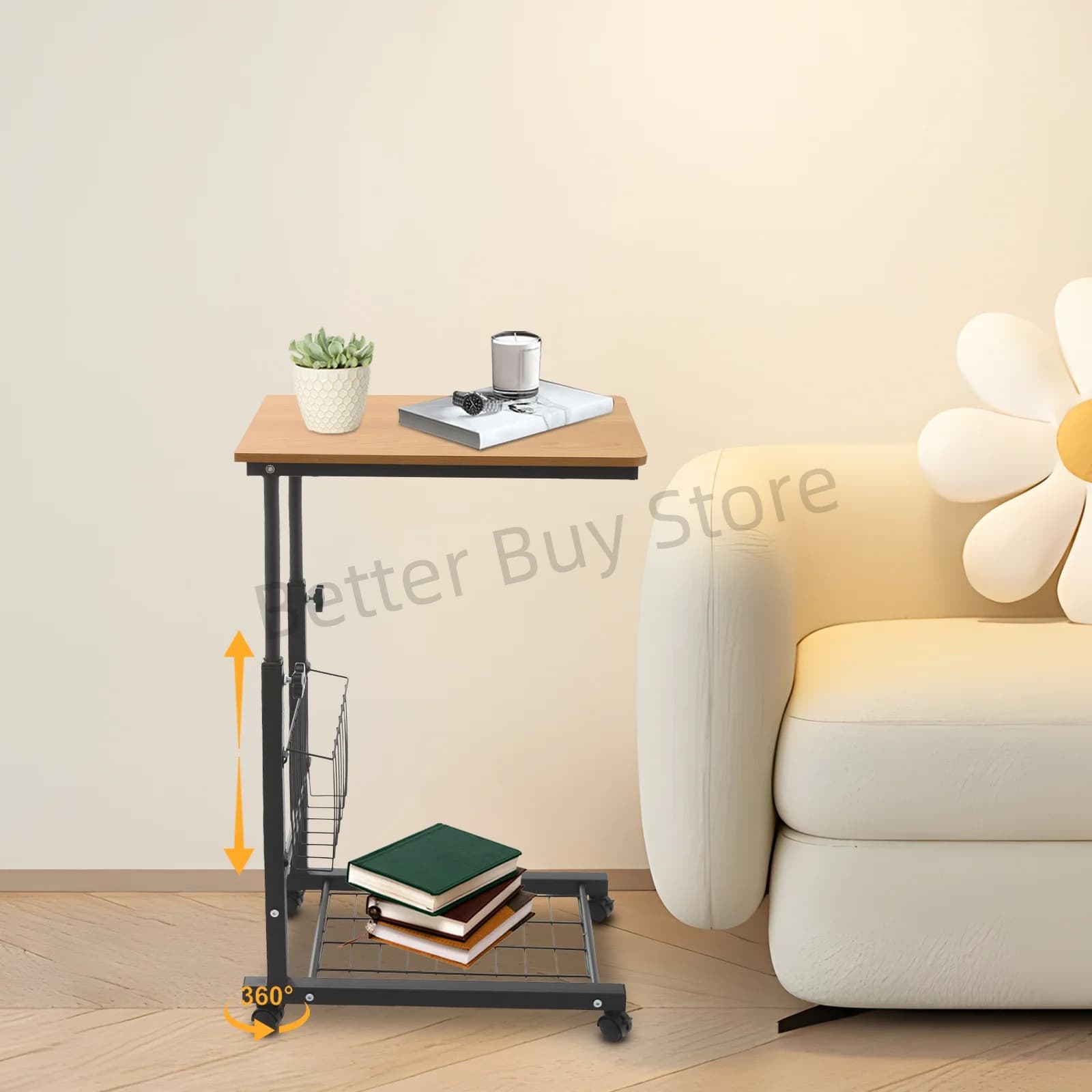 Tavolino regolabile a forma di C con ruote Supporto per laptop mobile a 2 livelli per divano letto Vassoio da scrivania con rotelle Home Office
