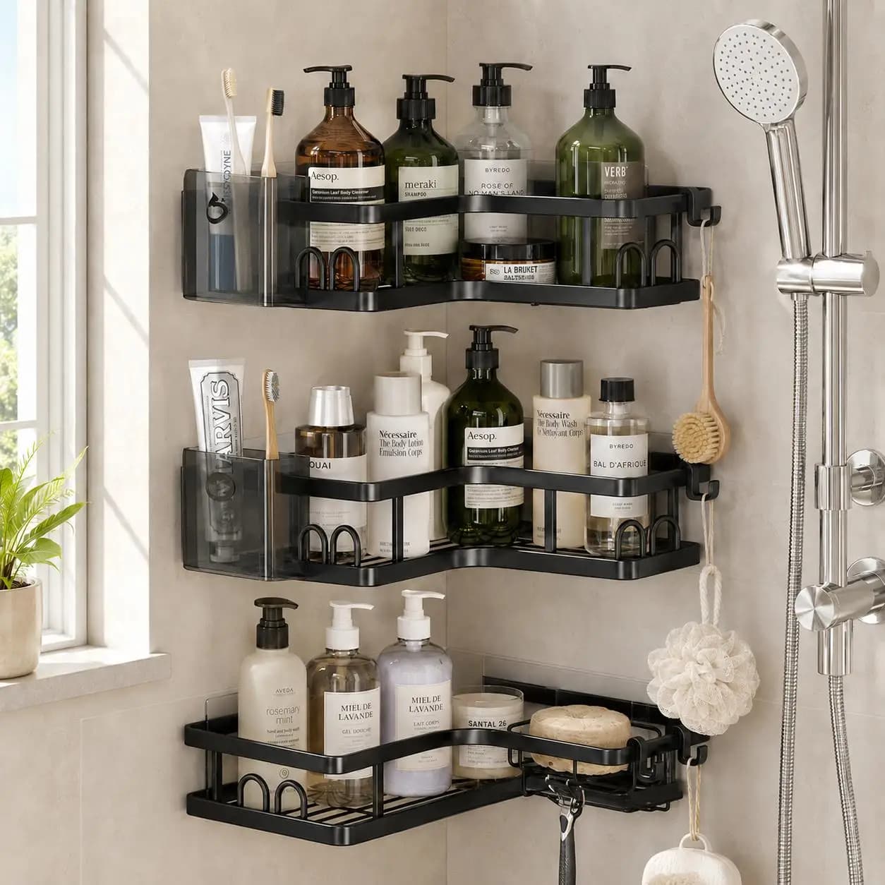 5Pcs Corner Shower Caddy Bathroom Organizer Shelf No Drilling Wall Mounted Stainless Steel Rustproof Storage Rack with Hooks Toothpaste Holder Adhesive Black Bathroom Accessories
