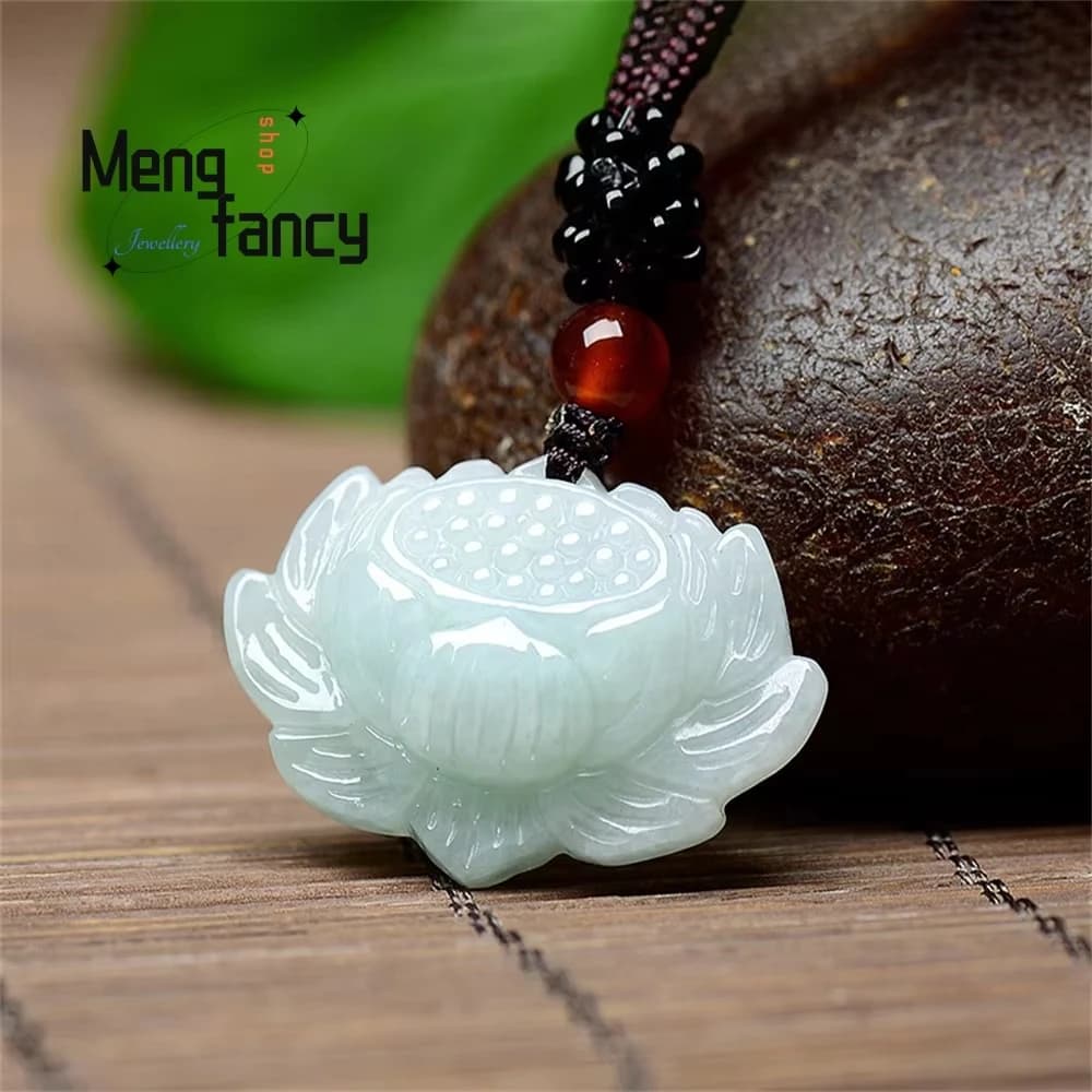 High-Grade Natural Myanmar A Goods Jadeite Lotus Pendant Ice Seed Jade Pendant Flower Pieces Popular Fashion Exquisite Jewelry