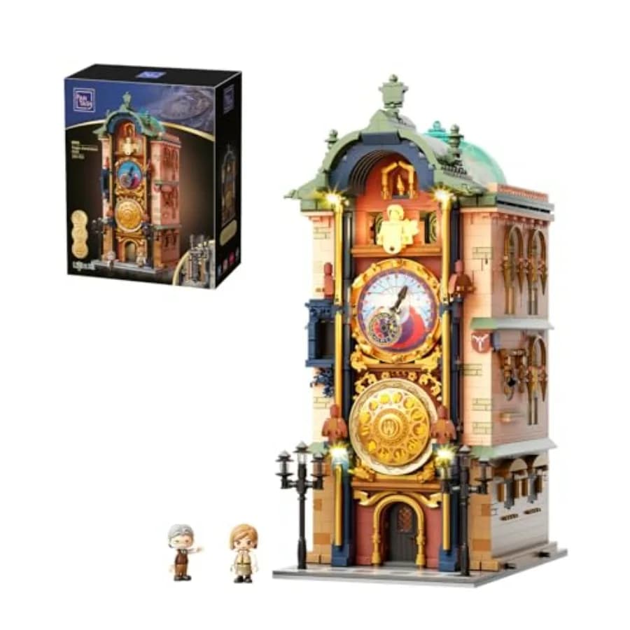 Set di Costruzioni dell'Orologio Astronomico di Praga, Modello di Architettura Europea per Adulti, Blocchi Meccanici Illuminati Stile Gotico