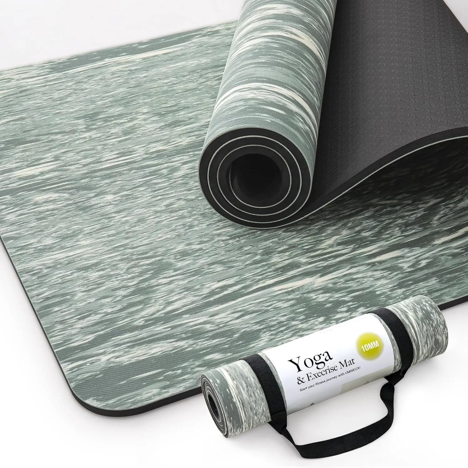 Tappetino Yoga Extra Spesso Antiscivolo, 10MM in Gomma Naturale e TPE, Ecologico per Yoga, Pilates, Allenamento a Casa con Cinghia