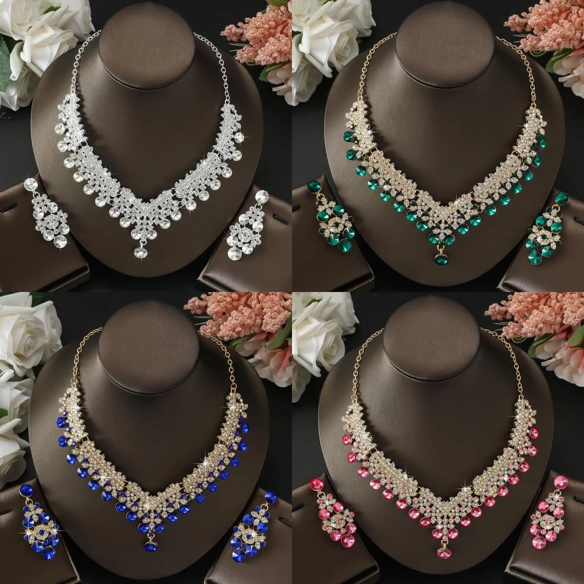 French court classical dazzling luxury exquisite necklace, earring jewelry set, wedding dress accessories for women