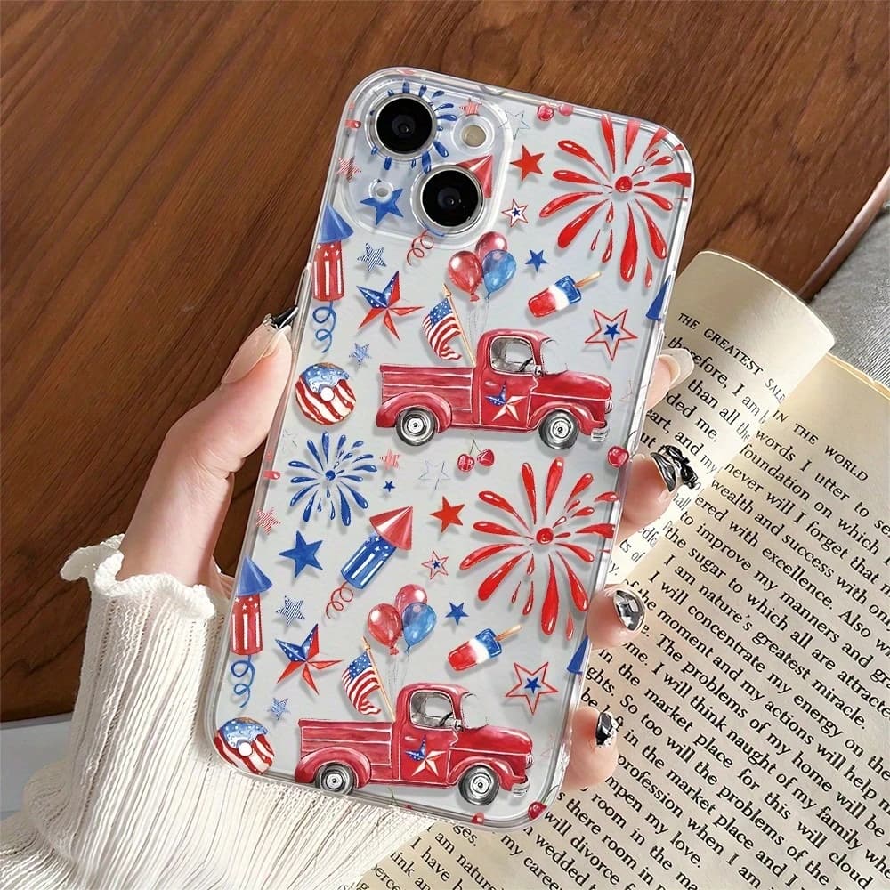 A Phone Case Featuring An American Flag, Fireworks, And Truck Design, Compatible With IPhone 16/15/14/13/12/11 Pro Max/Plus. A P