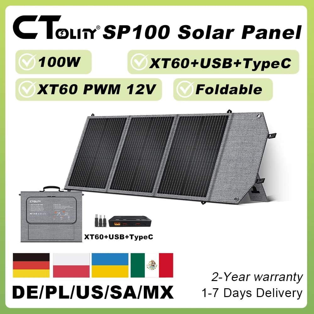CTOLITY 100W Solar Panel with XT60 USB Type C Port 20.5V 23% Conversion Efficiency Foldable Solar Charger for Camping RV Trip