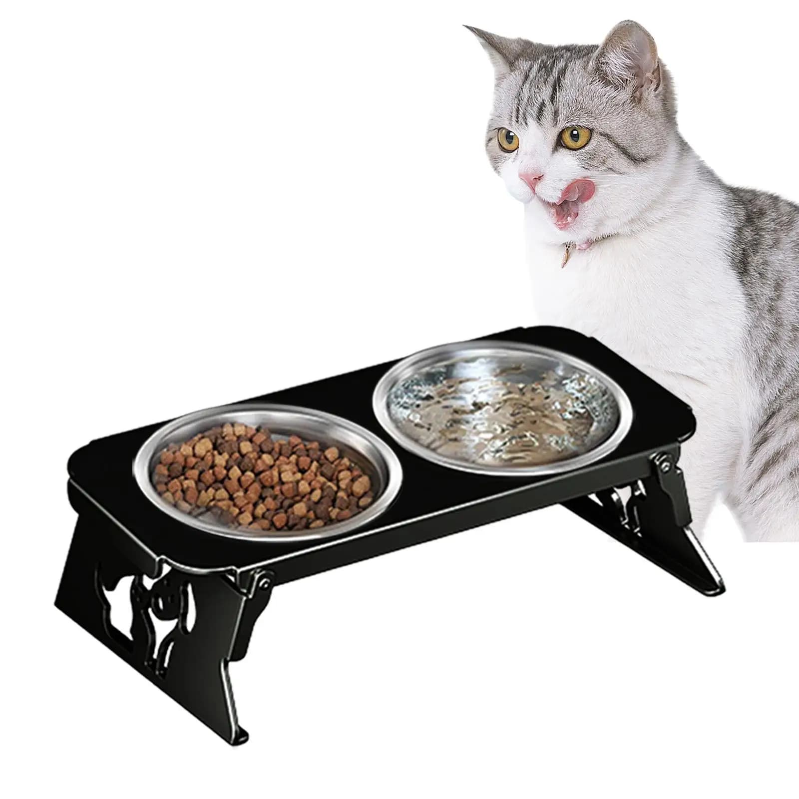 Foldable Elevated Pet Feeder Non Slip Stainless Steel Dual Dog Bowls Removable Tray Stand for Food Water Meals Small Dogs Cats
