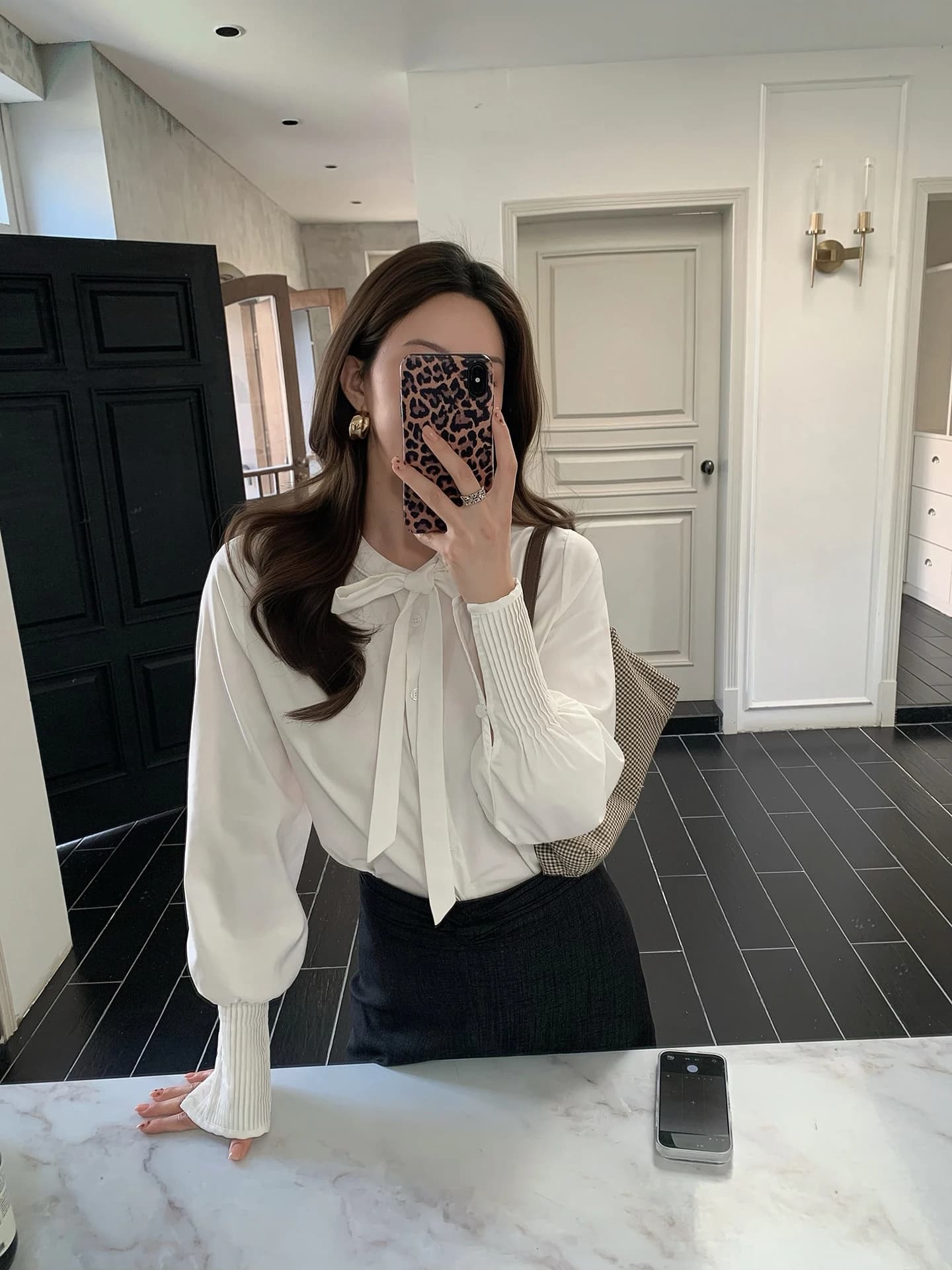 Retro Knot Belted Loose Lantern Sleeve Long Sleeve Women's Shirt Spring Fashion Slimming Cotton Blend Blouse