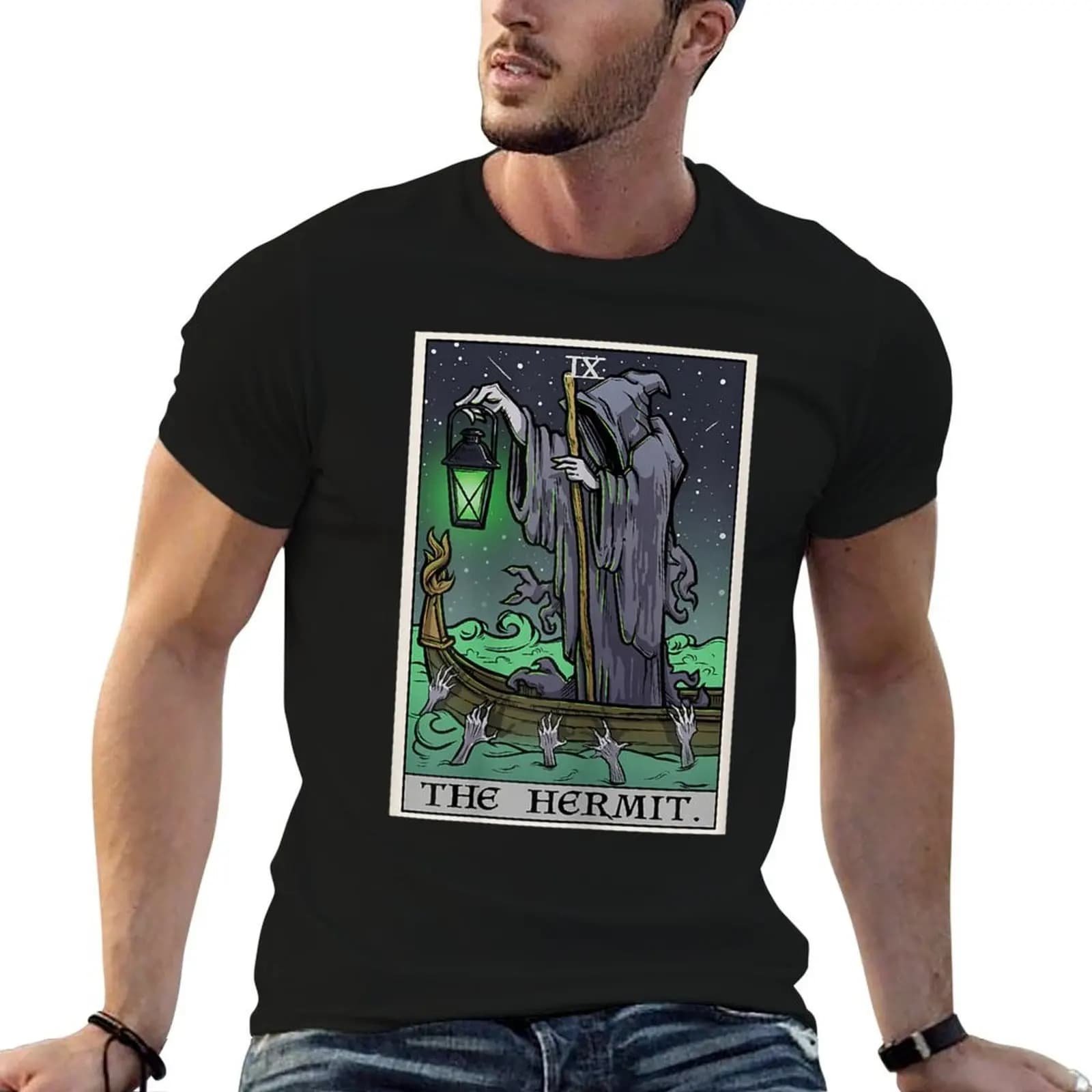 T-shirt gotica The Hermit Tarot Card Gothic Halloween Grim Reaper Goth, t-shirt con stampa personalizzata, t-shirt da uomo firmata