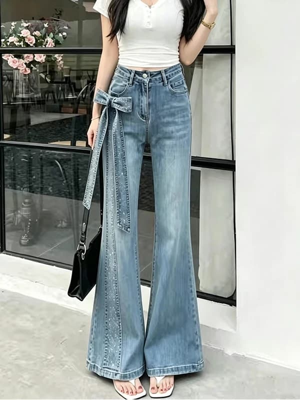 American Design Knot Rhinestone Denim High Waist Slim Straight Leg Jeans Women Summer New Style Versatile Wide Leg ...