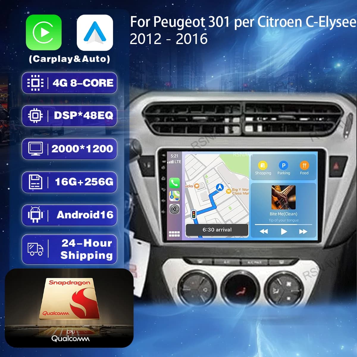 RSNAVI Android 16 Carplay Auto Car Radio Multimedia For Peugeot 301 C-Elysee CElysee 2012 - 2016 Autoradio Stereo Head Unit