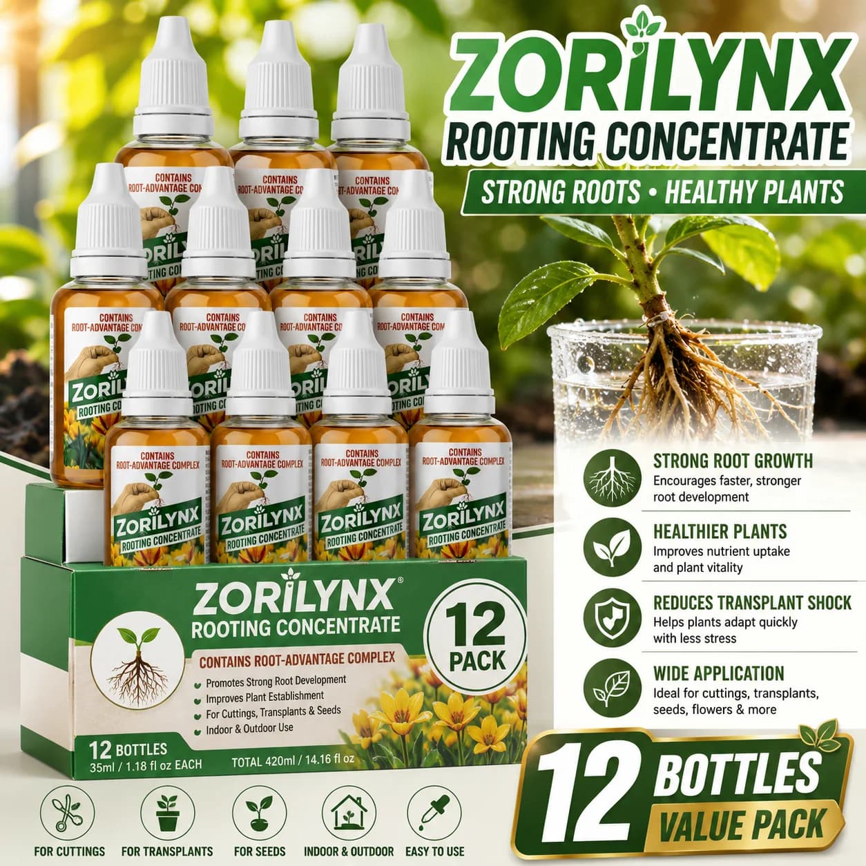 Professional Rooting Stimulator ZORILYNX 35ml Rooting Concentrate, Rapid Root Growth Solution for Flowers and Garden Plants