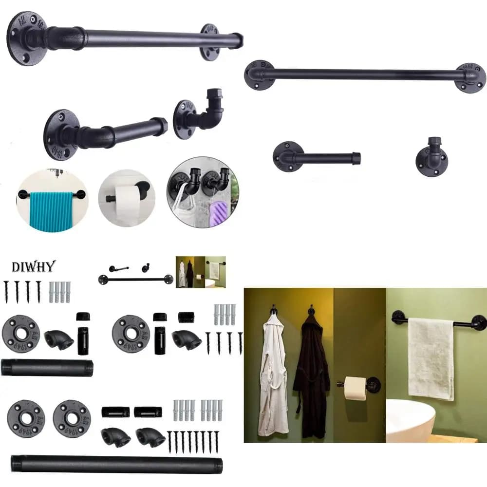 Set di accessori per il bagno in stile industriale: 3 pezzi con gancio per accappatoio, 18 portasciugamani e porta carta igienica di Pipe Decor