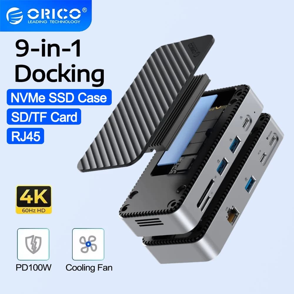 ORICO M.2 NVMe SSD Custodia USB C HUB con ventola di raffreddamento Docking station USB esterna RJ45 SD/TF da 10 Gbps per PC portatile MacBook