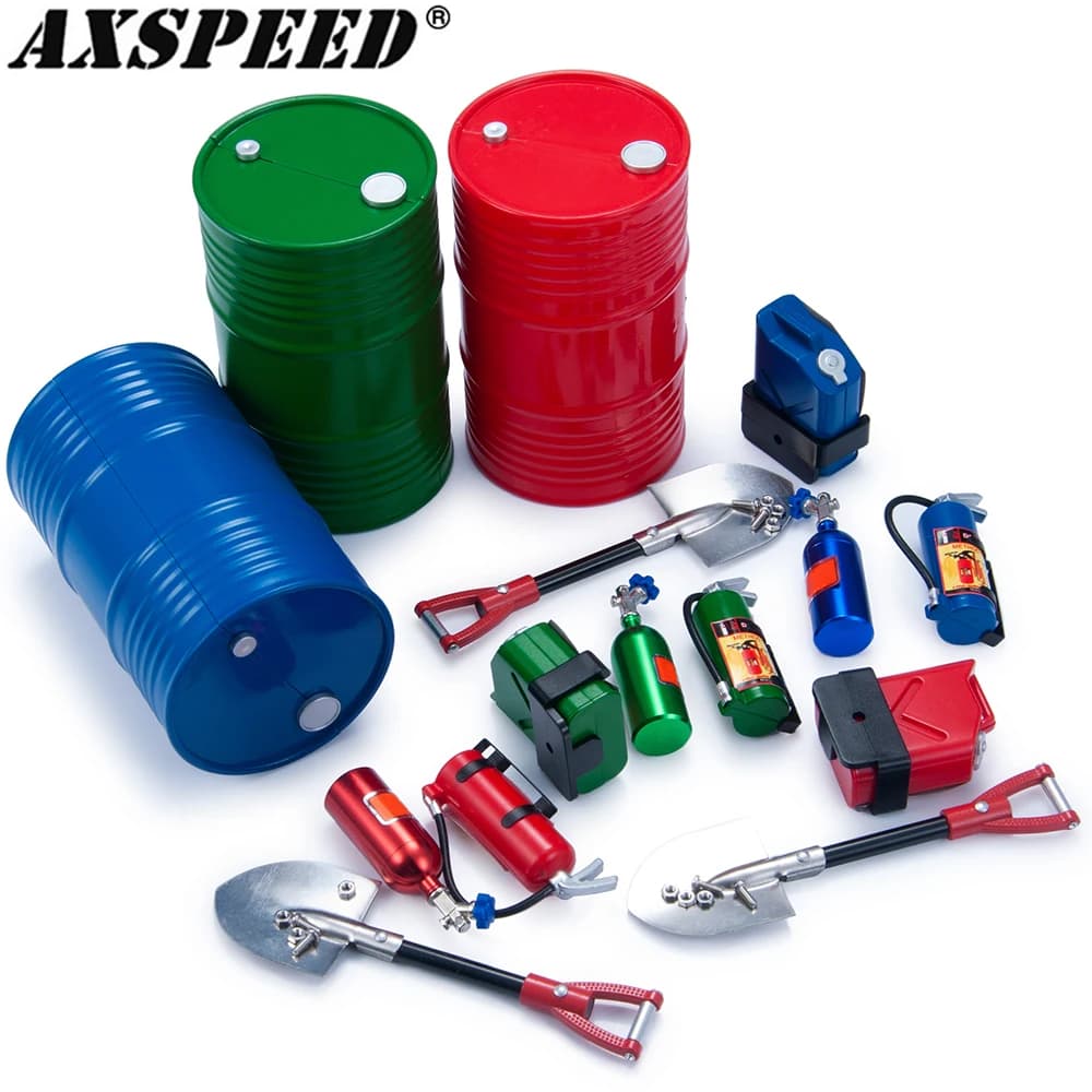 AXSPEED Set di 5 Decorazioni Simulate per Auto RC: Fusto d'Olio, Mini Pala, Estintore, Bombola di Azoto per Strumenti RC Crawler 1/10
