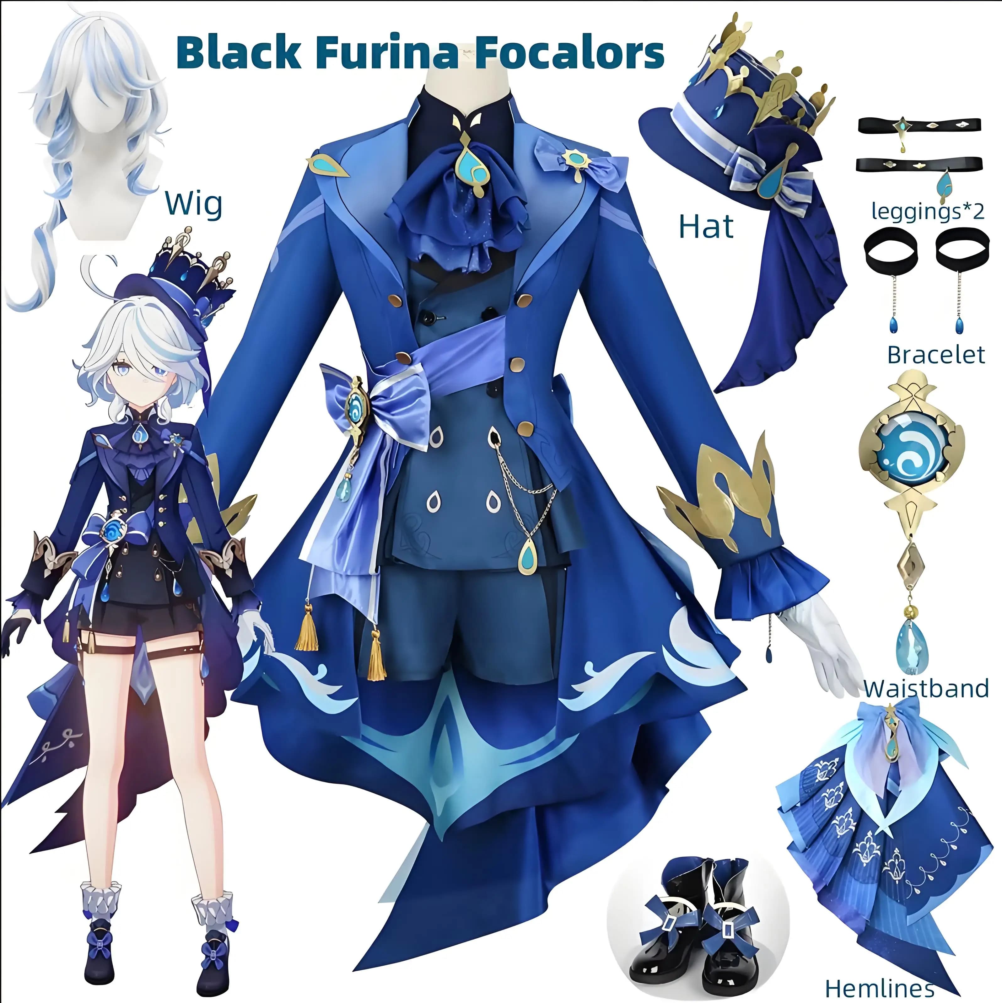 Costume da Cosplay Furina con Parrucca e Cappello, Abito Nero per Donna, per Feste di Halloween e Travestimenti