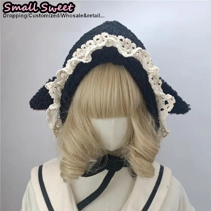 Gotico giapponese versatile Lolita orecchie di pecora Y2K Punk falbala pizzo Beanie Hat Donna Cap Autunno Inverno Hip-hop Cappelli a maglia a punta