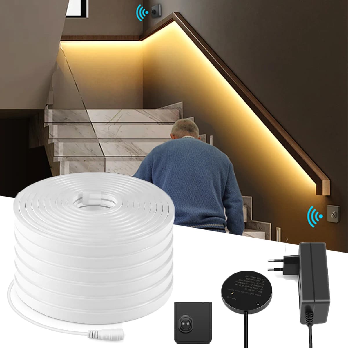 Striscia al neon a LED 24V con comodi sensori di movimento PIR mobili/doppio, illuminazione di sicurezza notturna per bagno, scale, camera da letto