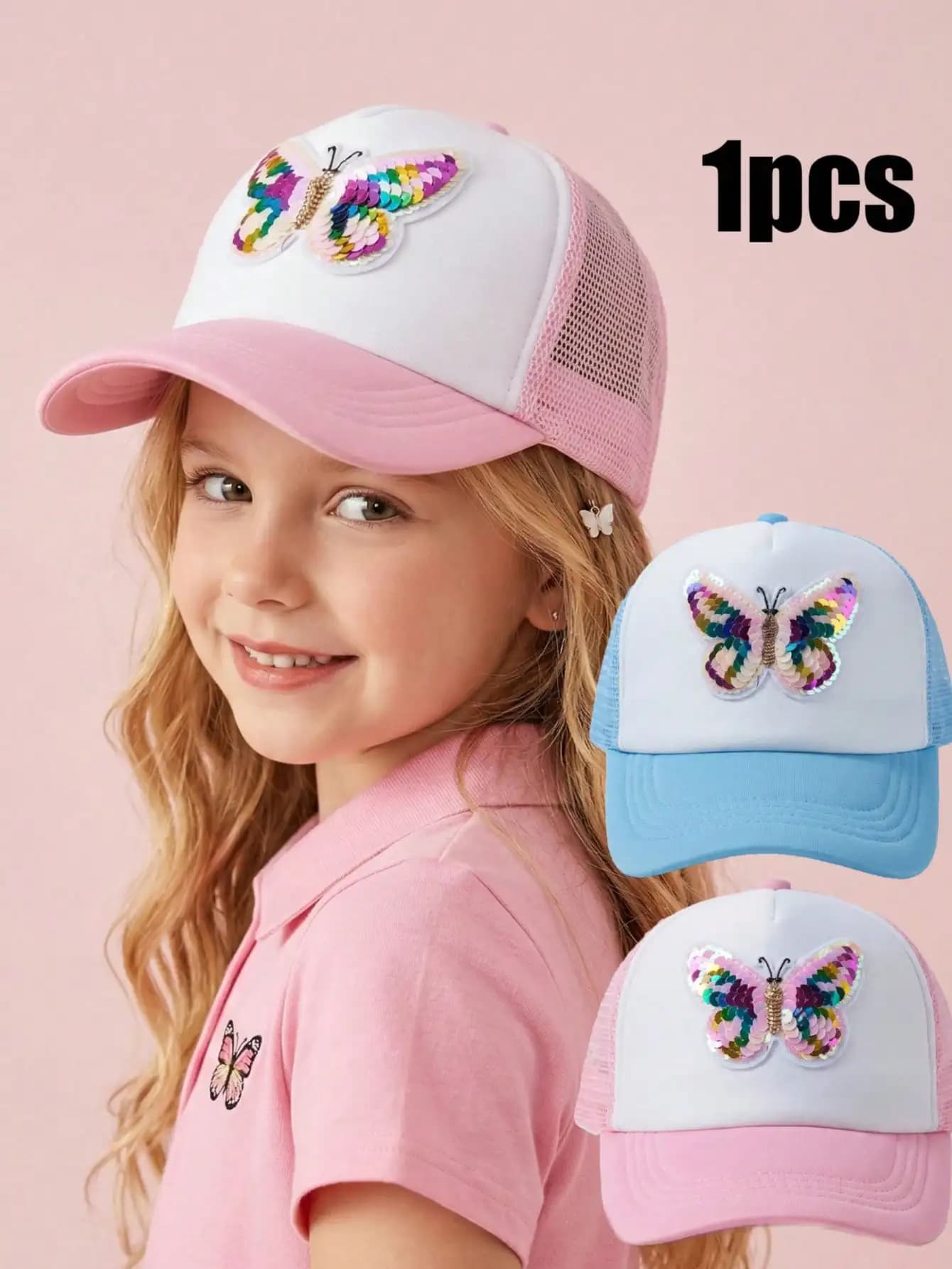 Cappello da baseball in rete con paillettes per ragazze da 3 a 8 anni, con parte anteriore in schiuma, regolabile, traspirante, per sport all'aria aperta