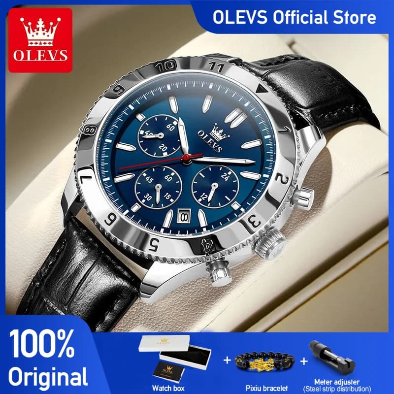 OLEVS Orologi da uomo Orologio originale alla moda classico per uomo Cronografo con cinturino in pelle luminosa impermeabile Visualizzazione 24 ore Data