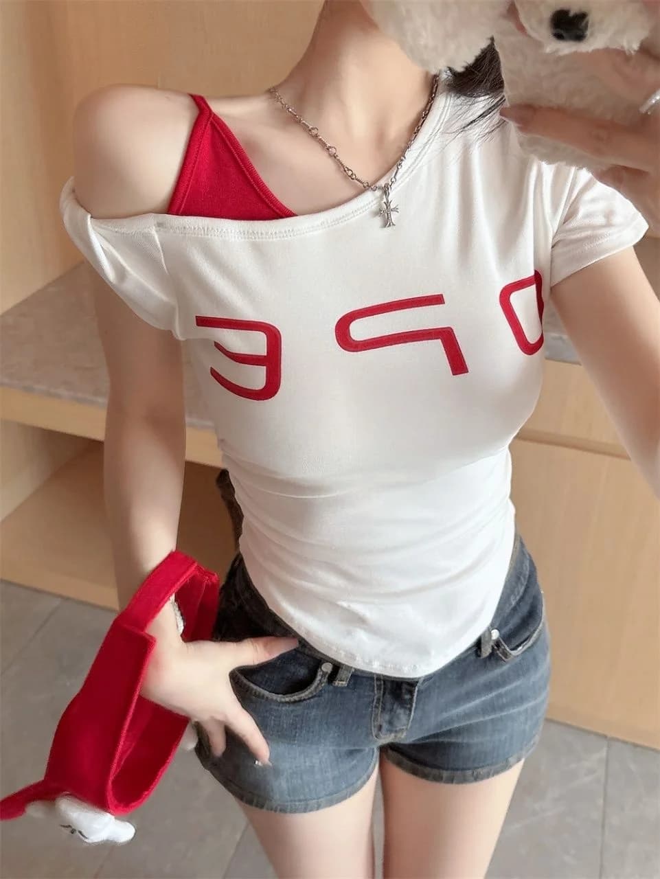 Sweet Spicy Short Sleeve Asymmetrical Shoulder T-Shirt Women's Fashion Inner Wear Digital Print Slimming Versatile Top Trendy