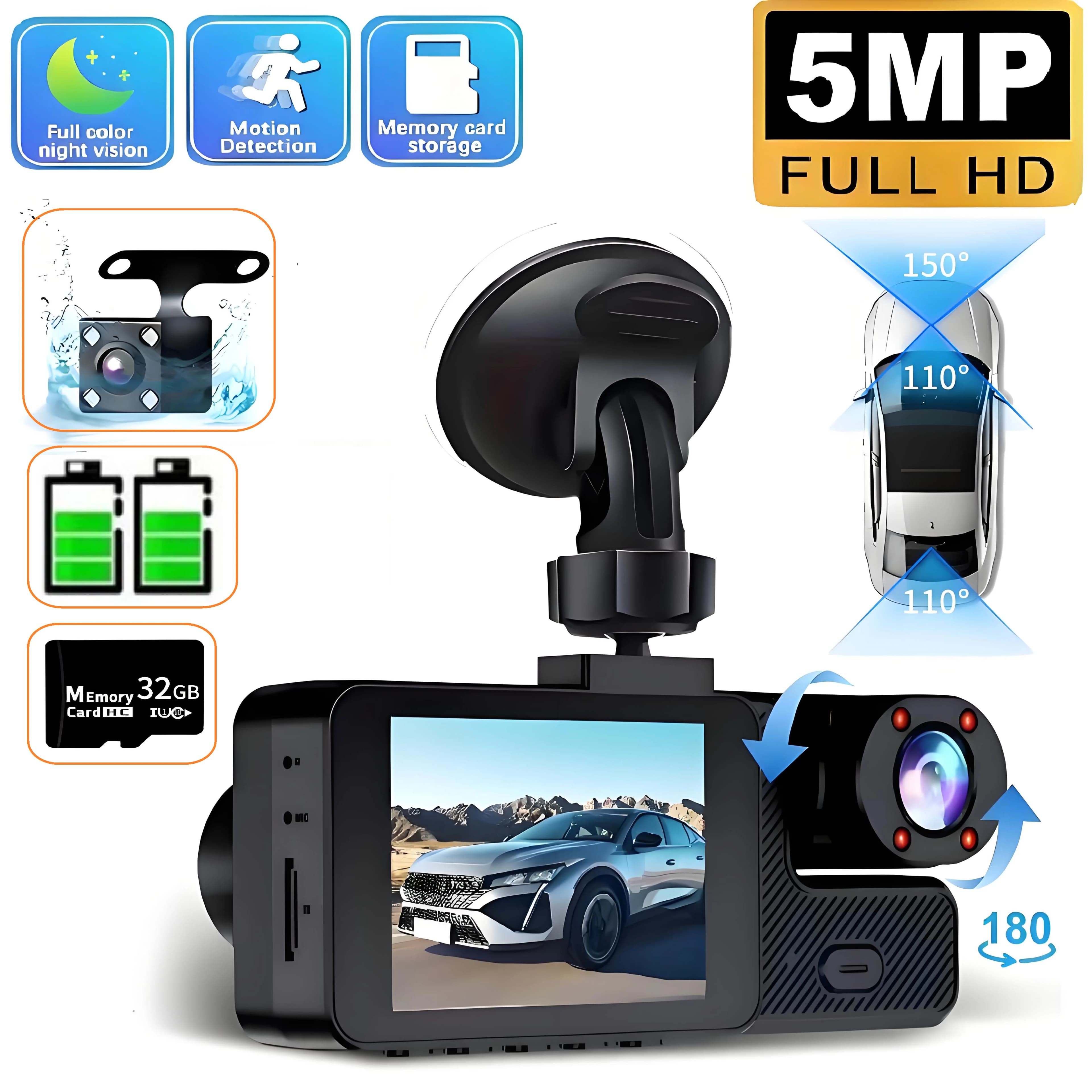 Dash Cam 5MP DVR per auto Mini telecamera per auto Registratore per veicoli 3 obiettivi Dashcam Video Telecamera anteriore posteriore Visione notturna Continuo Loop Vi