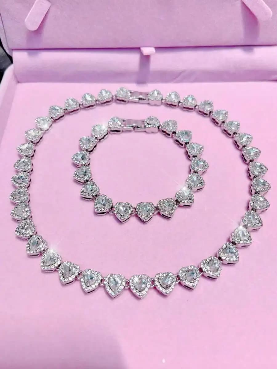 1pc/2pcs/1set Romantic Charming Classic Hip-Hop Style Elegant Sparkling Heart Bracelet Necklace Women's Fashion Jewelry
