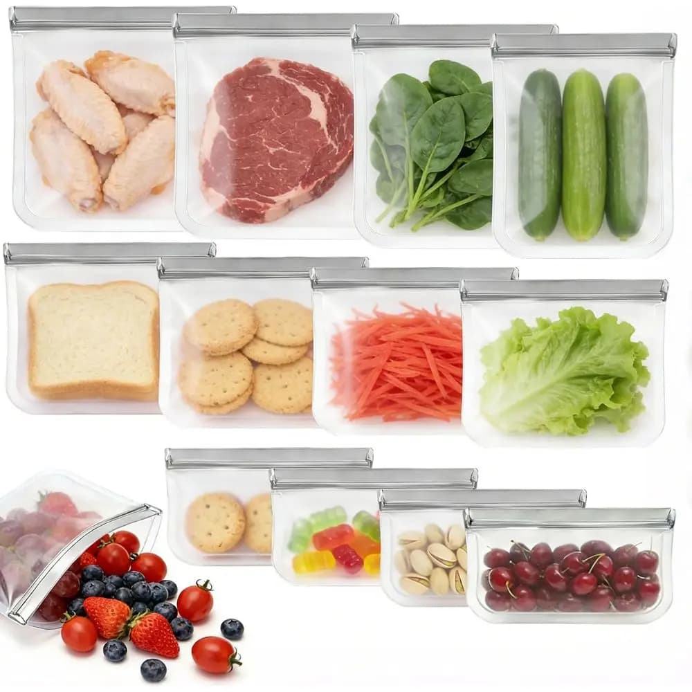 Confezione da 12 Sacchetti Riutilizzabili in Silicone per Alimenti - Adatti per Congelatore, Microonde, Lavastoviglie - 4 Formati: 4 Galloni, 4 per Snack, 4 per Sandwich, Grigio