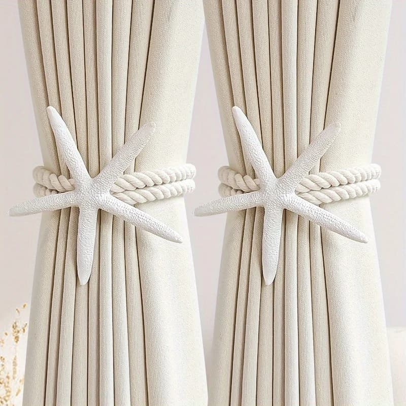 Fermatenda per tende con stelle marine naturali da 2 pezzi, corda di lino in cotone intrecciato a mano, supporto per tendaggi per finestre regolabile per decorazioni per la casa Boho