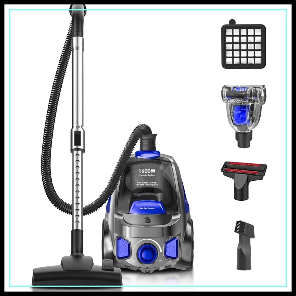 Aspirapolvere Senza Sacco da 40Kpa 1600W per Casa, Contenitore Polvere da 3.7QT, Leggero per Pavimenti Duri, Tappeti e Peli di Animali Domestici