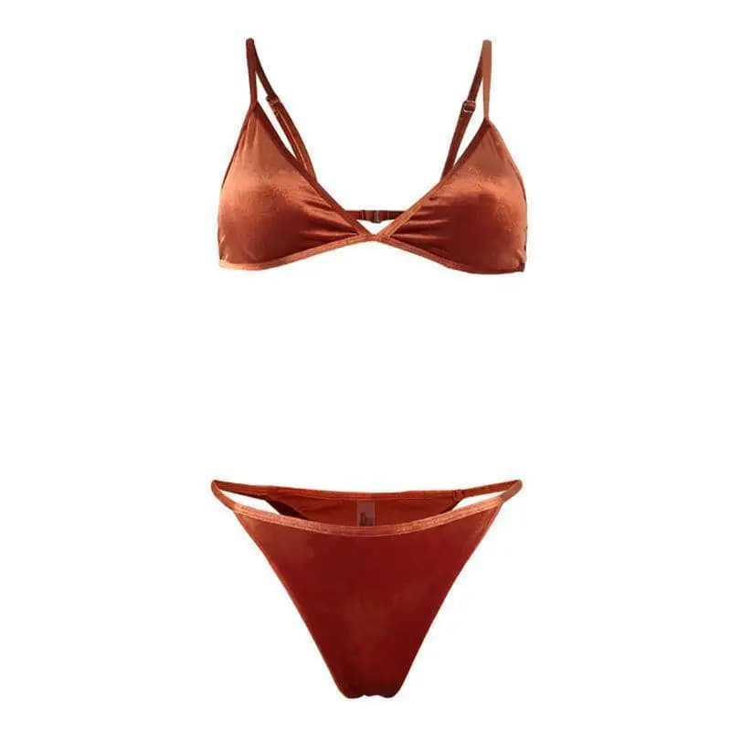 Set bikini in velluto Fours Colors con coppa triangolare regolabile | Elegante costume da bagno rosso vino/oro/arancione/verde per spiaggia e piscina