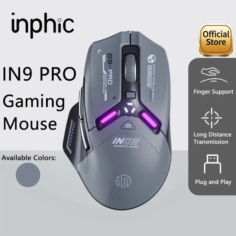 Mouse da Gaming Wireless INPHIC IN9PRO con Sensore PAW3395, 26000 DPI, 8K Hz, Retroilluminazione RGB, Ergonomico per Computer
