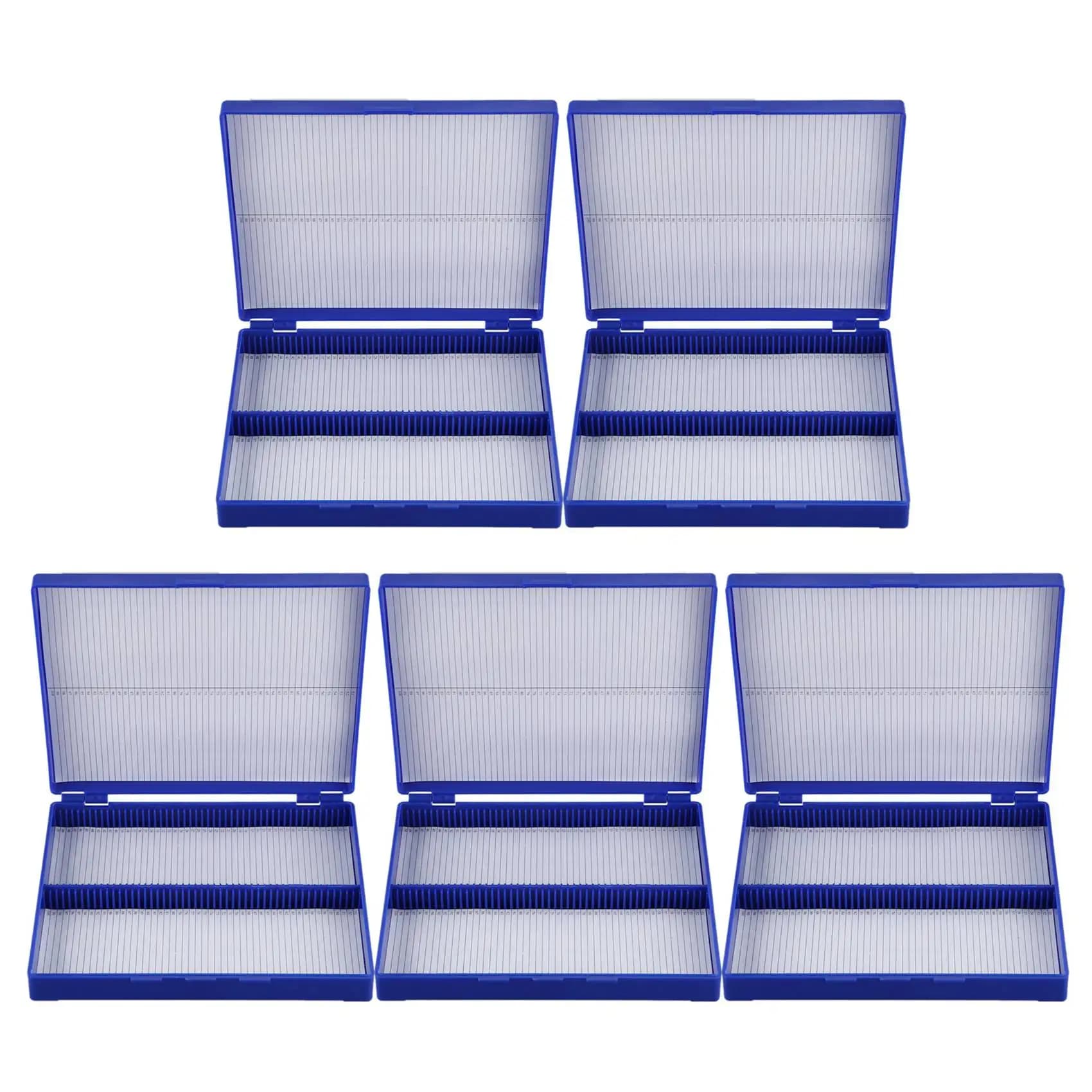 MOPHE-5X Scatola per microscopio con diapositiva per 100 microslidi rettangolari in plastica blu royal