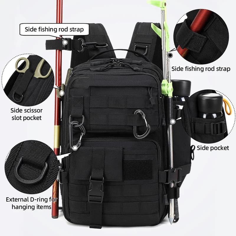 Zaino Tattico da Campeggio, Grande Borsa da Viaggio per 3 Giorni, Zaino d'Assalto Molle per Uomini e Donne, Borsa Porta Attrezzatura da Pesca con Portacanna