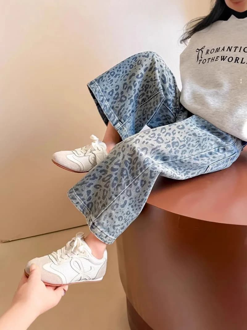 MILANCEL Nuovo Autunno Bambini Jeans 2-6T Carino Leopard Print Ragazze Pantaloni a Gamba Larga Allentati Versione Coreana Bambini Moda Pantaloni Dritti