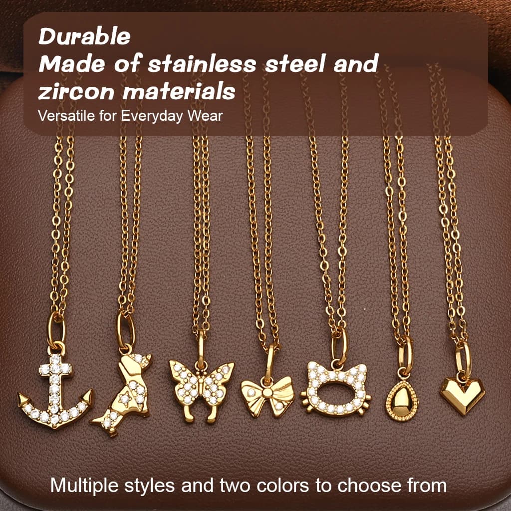 Collana da donna in acciaio inossidabile 316L placcato oro 18K con ciondolo a forma di cuore, ancora, farfalla, gatto e gemma, nuova moda.