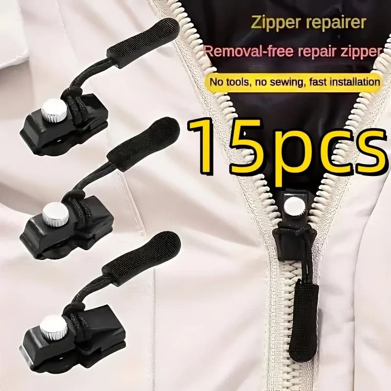 Kit di Riparazione Cerniere Senza Cuciture da 15 Pezzi, 3 Misure, Testine di Ricambio Riutilizzabili per Giacche, Borse e Vestiti