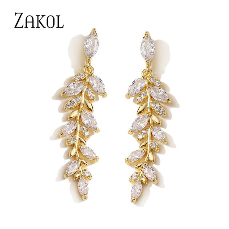 ZAKOL Orecchini a foglia color oro con ciondolo per donna Squisito piccolo orecchino pendente con zirconi Eleganti gioielli da sposa in cristallo coreano