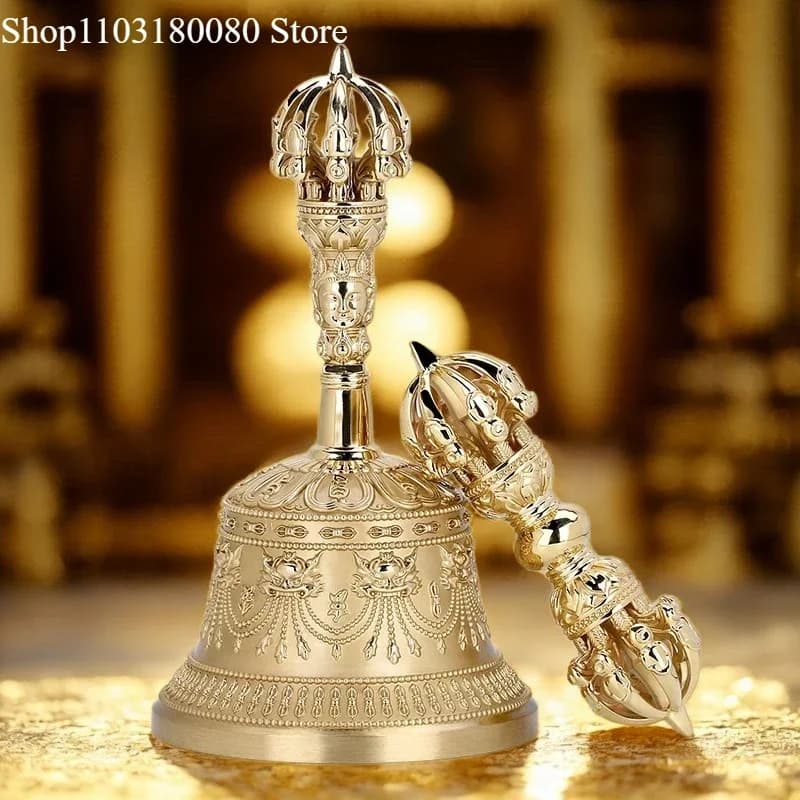 1Set Brass Nine-Pronged Vajra Bell & Dorje Tibetan Buddhism Tool ,17cm,14.5cm,11cm