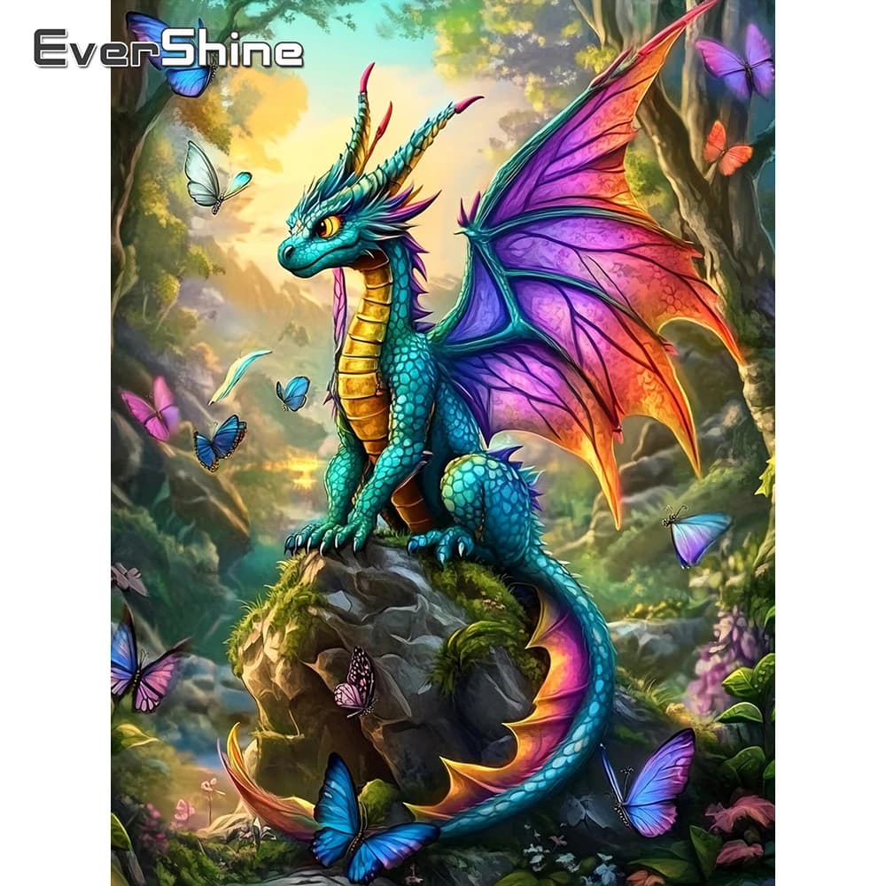 Evershine Quadro Diamantato Completo con Ricamo a Diamante, Immagine Animale, Drago, Strass, Mosaico, Farfalla, 5D, Hobby per Bambini